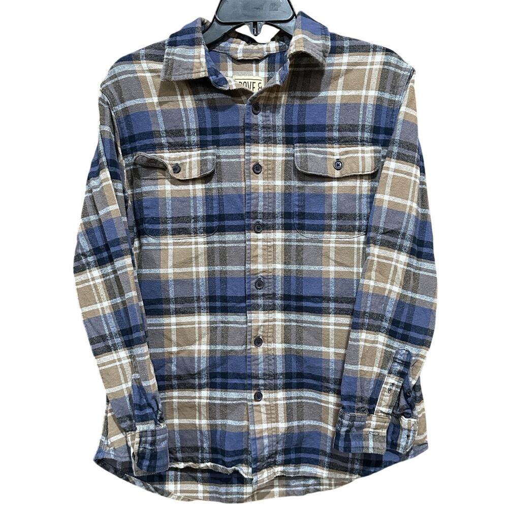 Grove & Hollow Men's Medium Blue Brown Plaid Flannel Button Up Shirt Long Sleeve